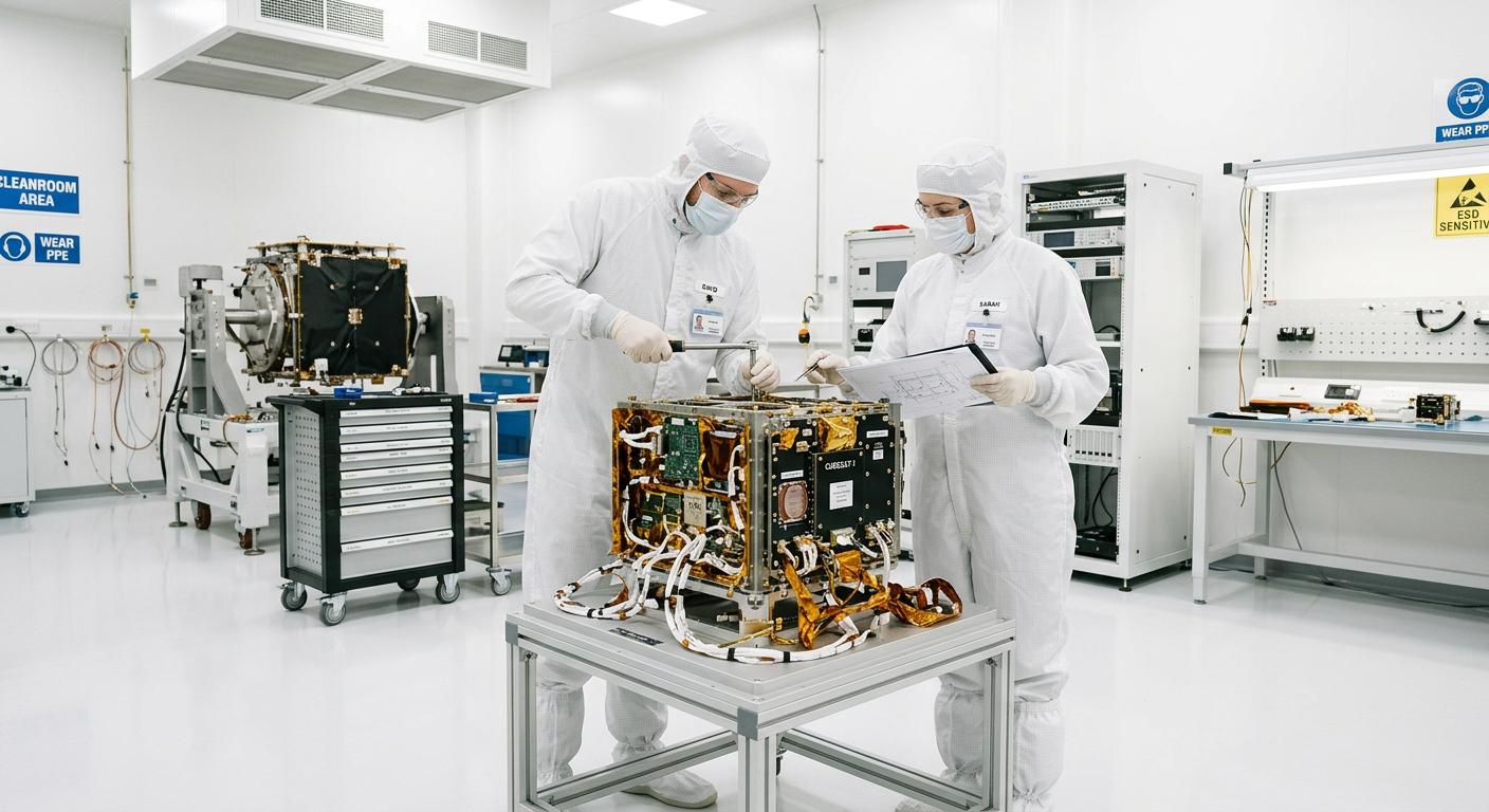 Engineers in cleanroom suits integrating a small satellite payload