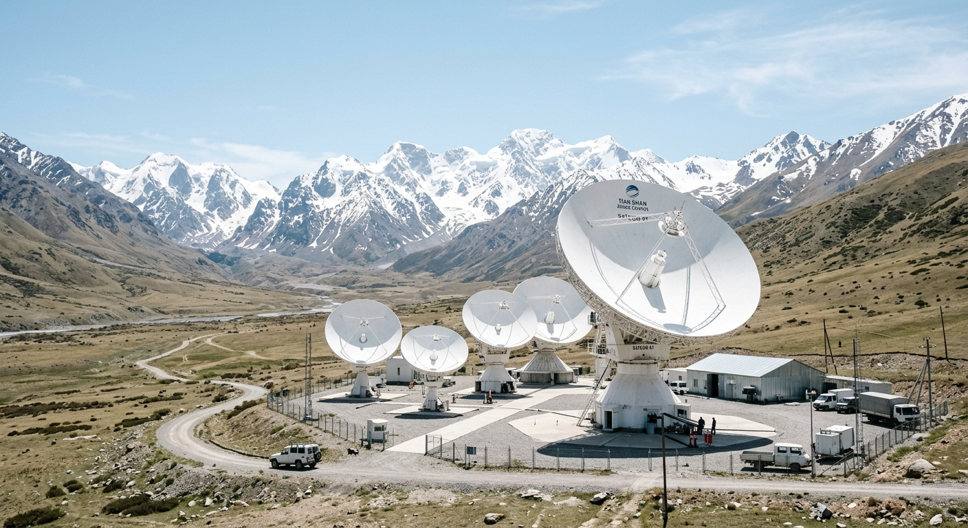 White satellite ground station antennas in a mountain valley beneath snowy peaks